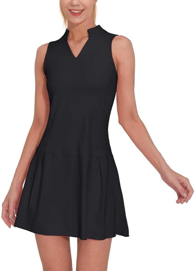 M MOTEEPI Athletic Workout Dress for Women Sleeveless Womens Golf Dress Tennis with Shorts and Pockets (Black, XXL)