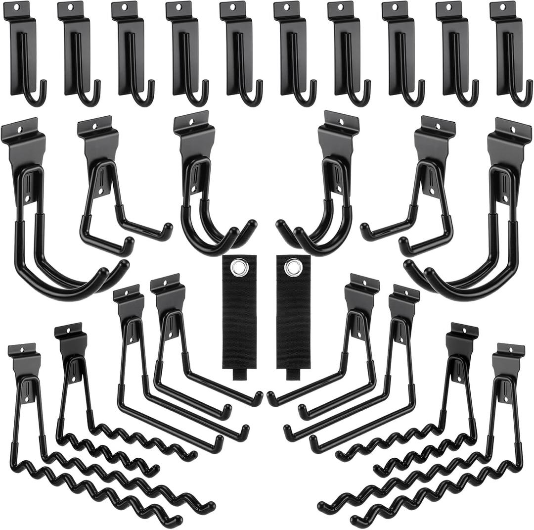 Landhoow 26 Pack Slatwall Accessories, 24 Pcs Multi Size Heavy Duty Slat Wall Hanging Hooks & Hangers with 2 Pcs Storage Straps for Storage Garage Wall Organization Garden Home Slatwall Paneling