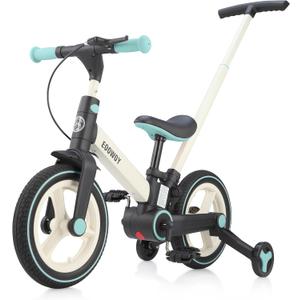 EOOWOY Balance Bike with Push Handle for Kids 18-60 Months, 6 in 1 Foldable Push Bike with Training Wheels & Pedals, Balance Bicycle for Boys and Girls with Brakes & Kickstand, Small