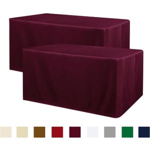 Obstal 2 Pack Fitted Table Covers for 8 Foot Tables - Water Resistant Washable Fabric Polyester Rectangle Table Cover Protector for Wedding, Banquet and Trade Shows, 96L x 30W Inches, Burgundy (8FT | 2 Pack)