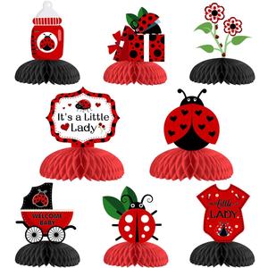 8PCS Ladybug Party Honeycomb Centerpieces, Ladybug Baby Shower Decorations - Red and Black Summer Bugs 3D Table Topper for Little Girls Ladybird Themed Birthday Party Supplies
