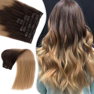 Real Hair Clip in Hair Extensions, Ombre Medium Brown to Caramel Blonde, 22 Inch, 70g, 7 Pieces, Invisible Clips, Silky Soft Straight Remy Human Hair
