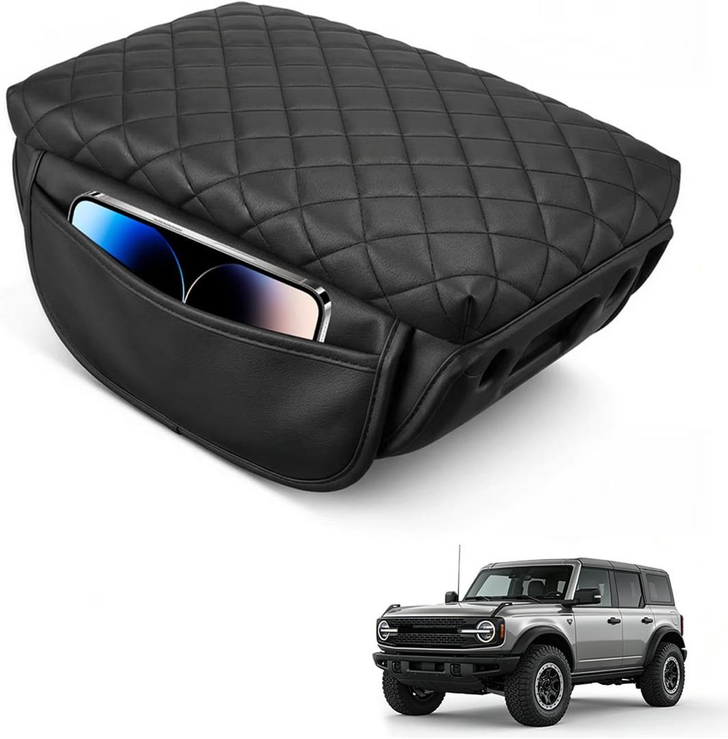 Center Console Armrest Cover Compatible with Ford Bronco Accessories 2021 2022 2023 2024 2025 2/4-Door with Leather Side Pockets Interior Accessories Prevent Scratching