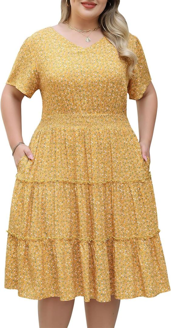 Nemidor Womens Plus Size Summer Midi Dress Casual Tiered Floral Print Beach Swing Boho Dresses with Pocket 16-26