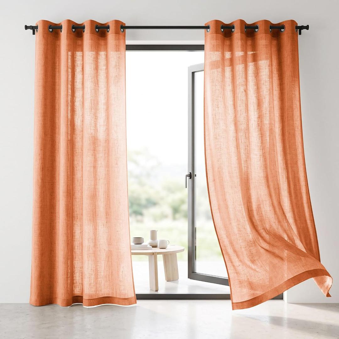 2 x Linen Blended Sheer Curtains & Drapes - 84 Inches 2 Panels Set | Light Filtering & Semi-Sheer Privacy Protection, Grommet Top, Fits Living Room and Bedroom, 54 Inches Wide, Burnt Orange