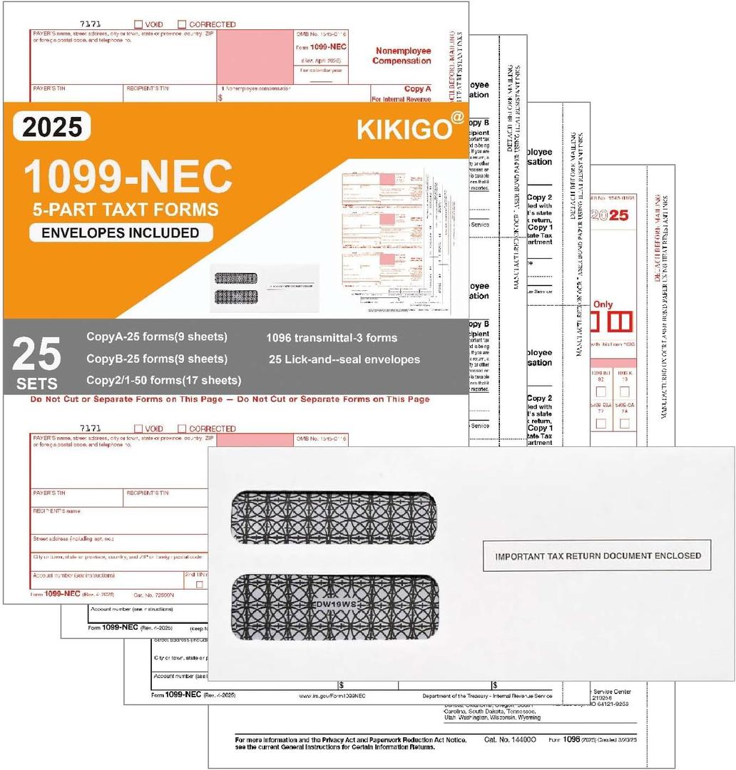 1099 NEC Forms 2025 with Envelopes,4 Part Tax Forms Kit,25 Vendor Kit of Laser Forms Compatible with QuickBooks and Accounting Software