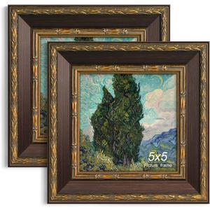 Yaetm Vintage 5x5 Picture Frame, Ornate Antique Bronze 5 x 5 Square Frame with Real Glass, 1.4-inch Wide Molding, Display Photos & Art Print on Tabletop or Wall Mounting (Brown/Gold, 2 Pack)