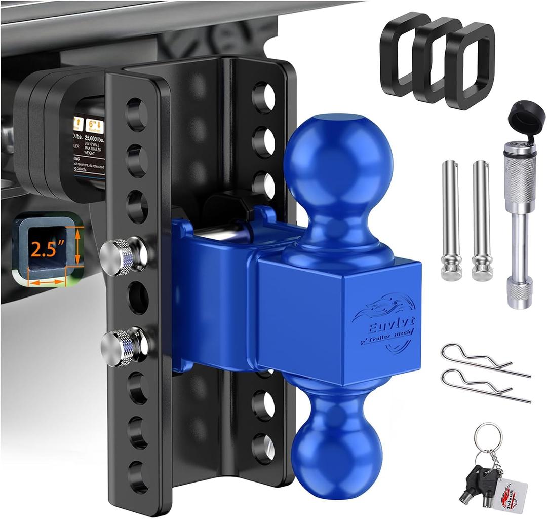 Adjustable Trailer Hitch -Drop Hitch (Fits 2.5-Inch Receiver) -6" Drop/Rise Tow Hitch, 2" & 2-5/16" Ball Hitches for Trucks -25,000 GTW Hitch Ball Mount with Anti-Theft Locking Hitch Pins