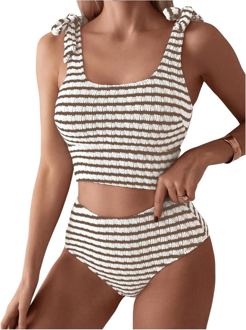SOLY HUX Women's Striped Tankini Sets Tie Shoulder High Waisted Swimsuits Two Piece Bathing Suit (Large)