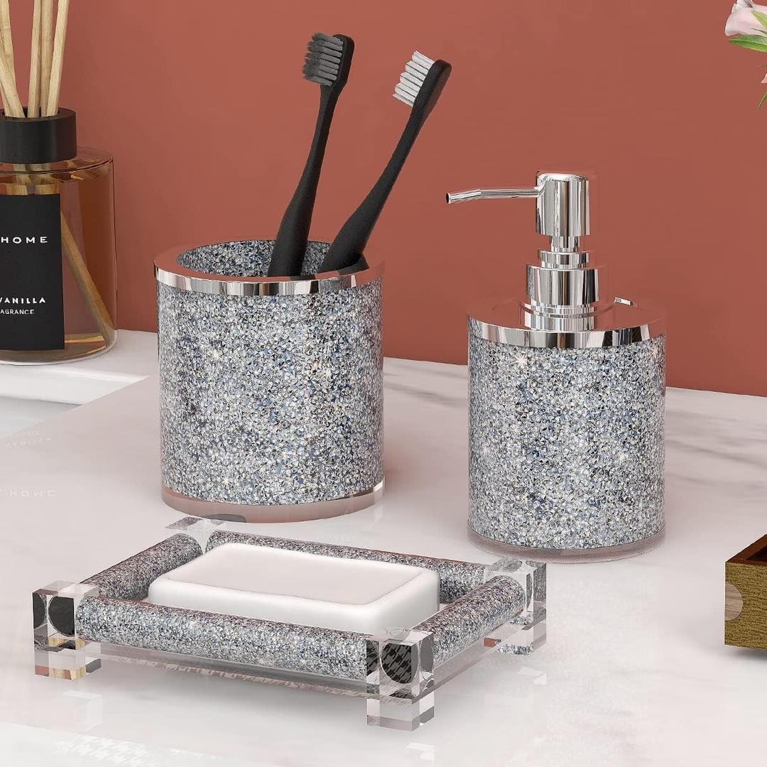 SHYFOY Bathroom Accessories Set, 3 Piece Silver Crystal Crushed Diamond Bathroom Accessory Decor Sets, Glass Bath Restroom Set Vanity Organizer Includes Soap Dispenser, Toothbrush Holder, Soap Dish