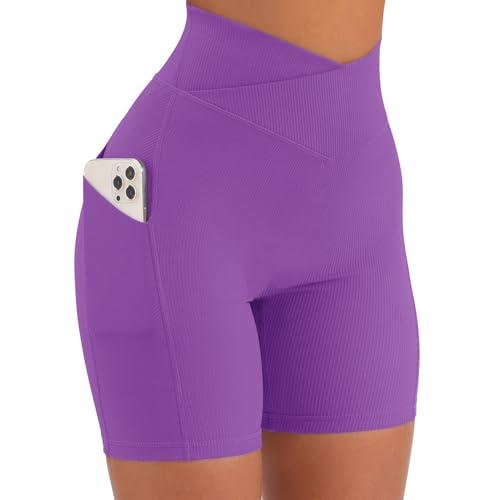 Yuerlian Women Cross Waist Workout Yoga Shorts with Pockets 5" High Waist Booty Biker Ribbed Short Purple 6