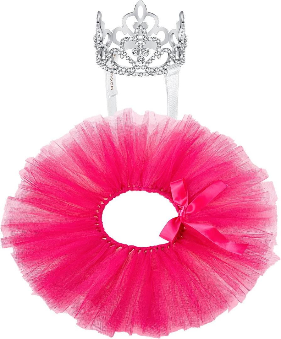 2 Pcs Dog Crown Headband Dog Tutu Dress Set Crystal Rhinestone Tiara Crown Tutu Skirt Pet Dress Costume for Puppy Birthday Party Wedding Photo Prop Costume(X-Large,Rose Red)
