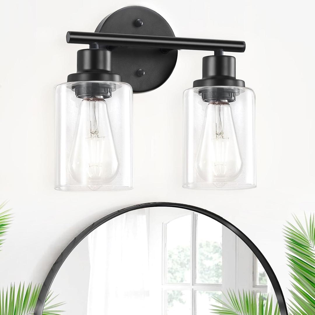 Guliaofo 2-Light Black Bathroom Light Fixtures, E26 Modern Vanity Lights for Bathroom with Clear Glass Shade, Wall Lamps for Mirror Kitchen Hallway Cabinet Living Room Sconces Lights