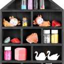 House Shaped Wooden Shadow Cubby Box 10 W x 2 1/4 D x 15 H Hanging Display Shelf Organizer Wall Mounted Curio Cabinet Wooden Display Case Miniature Shelf for Figures(Black)