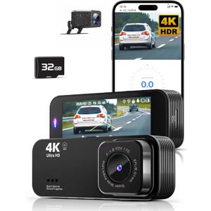 Dash Camera for Cars, 8K Ultra HD Dash Cam Front and Rear, Dash Cam with App Control, 32GB Card, Built-in Wi-Fi & GPS, 3.16”IPS Screen, 170°Wide Angle, WDR, Night Vision, 24H Parking Mode