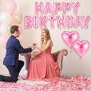 Pink Happy Birthday Balloons Decorations Happy Birthday Letter Balloons Banner Set with 24pcs Round Flameless LED Candles and 2000pcs Artificial Rose Petals for Women Men Room Party Decor