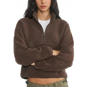 Fleece Sweatshirts for Women Cropped Long Sleeve Half Zip Pullover Sherpa Jacket Warm Fuzzy Coats with Pockets (Small, Brown)