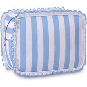 Stripe Ruffle Makeup Bag,Large Travel Cute Cosmetic Bag for Women Girls,Toiletry Bag Make up Organizer 10.8 x 4.5 x 8 inch (Blue Stripe)