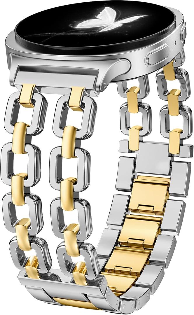 Wearlizer Metal Bands Compatible with Samsung Galaxy Watch 8 Band 40mm 44mm/Watch 8 Classic 46mm, No Gap Dressy Stainless Steel Chain Strap Wristbands Accessories for Women (Silver/Gold)