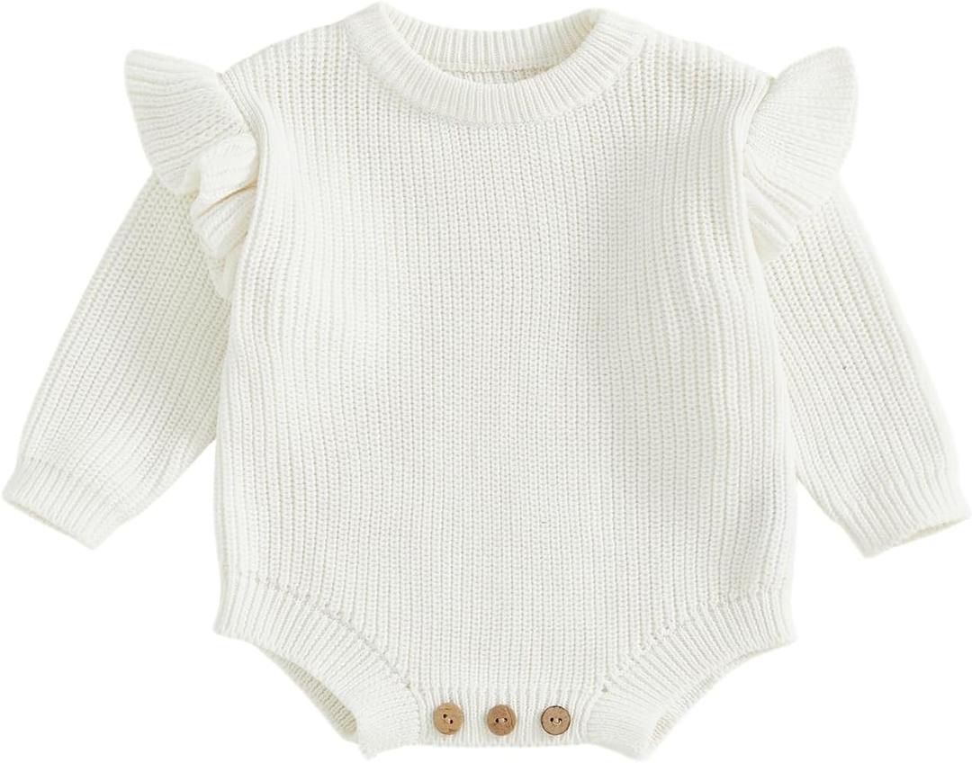 LZUBCPY Baby Girl Sweater Bubble Romper Ruffle Long Sleeve Chunky Knit Solid Bodysuit Cute Newborn Infant Fall Winter Clothes (White)