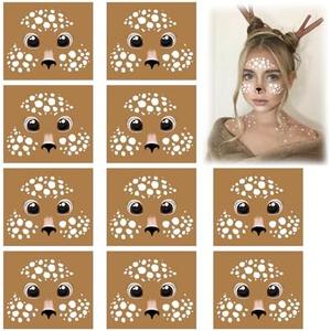 10 Sheets Deer Face Tattoo Temporary Costume Makeup Paint Kit Stickers Halloween Animal Face Decal Accessories for Women Party Decor Body Cosplay Accessories (face10),Set of 2