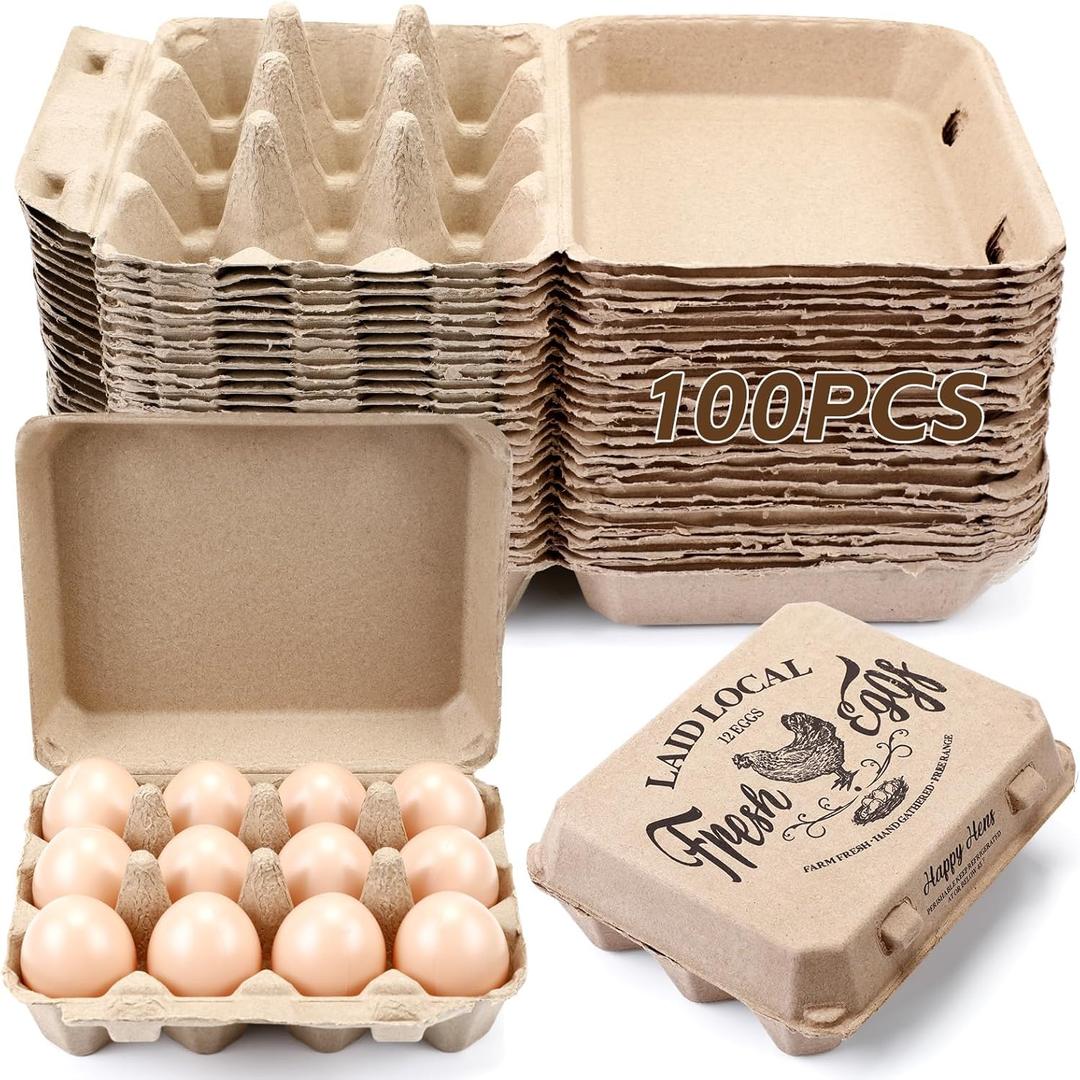 Zhanmai 100 Pack Egg Carton Bulk 12 Chicken Duck Egg Carton Vintage Printed Farm Fresh Crate with 3 x 4 Holds Recycled Paper Cardboard Sturdy Reusable Box Holder(Classic Style)