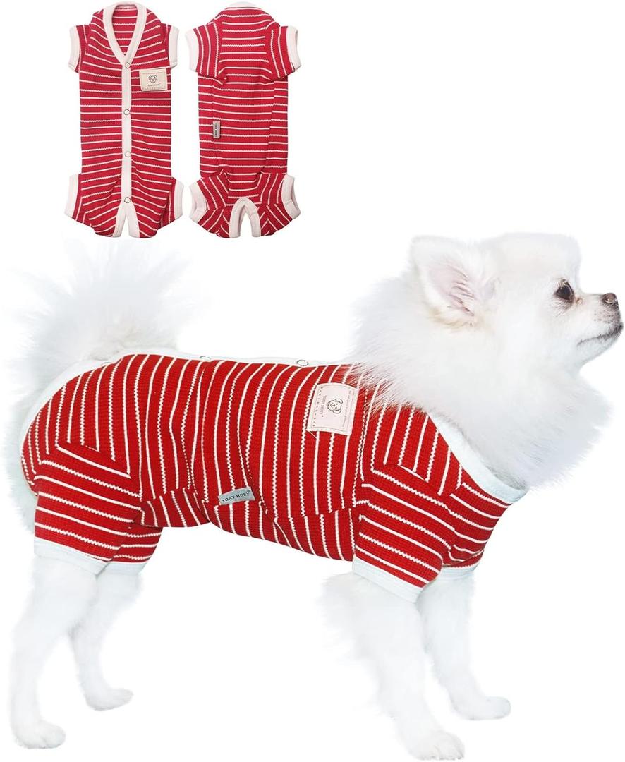 TONY HOBY Dog Pajamas 4 Legged Pet Clothes with Waffle Stripes, Dog Jumpsuit Pajamas for Medium Small Dogs (Red, Girl, XL)