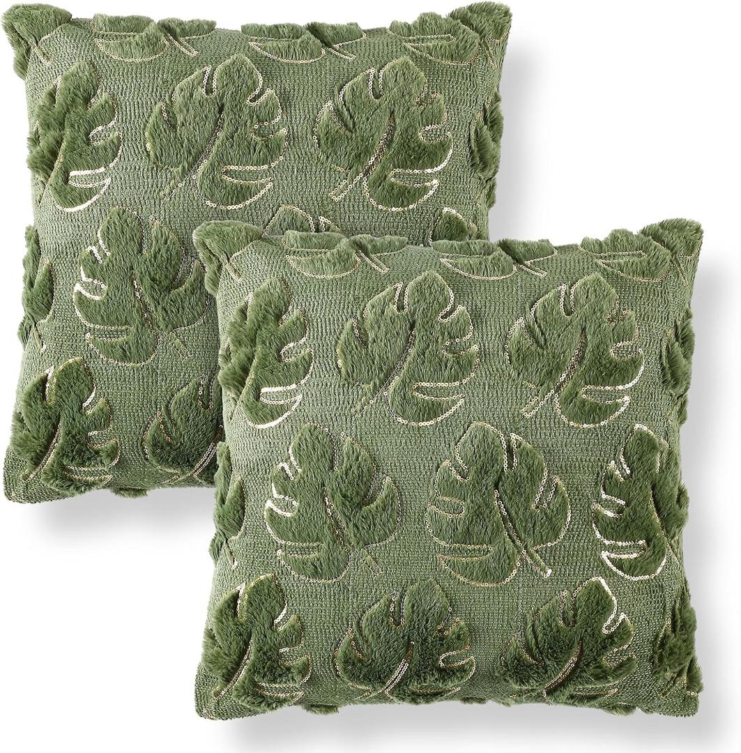 Moukeren 2 Pcs Embroidery Throw Pillow Covers 18x18 Home Decor Loop Tropical Green Leave Floor Pillow Cover for Couch Canvas Cushion Cover Pillows Case Plant Monstera Leaf for Bedroom Sofa