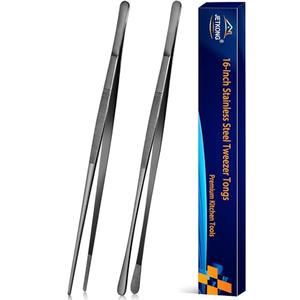 JETKONG 2 Pcs 16-Inch Kitchen Tweezers Tongs with Precision Serrated Tips, Stainless Steel Chef Tweezer Professional Cooking Tweezers for BBQ, Plating and Serving (16-Inch, Black)