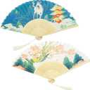 2 x 2 Pack Folding Fans Hand Fans for Women Foldable Handheld Fan Abanicos de Mano Hand Held Chinese Style Silk Bamboo Fans for Dancing Cosplay Wedding Party Props Decoration, Fairyland Color Phoenix Deer