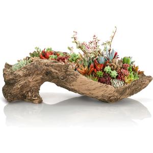 Artificial Driftwood Planter, 16''L x 5.5''W x 5''H Sculpture Resin Succulent Flower Pot, Creative Imitation Wood Stump Log Bonsai Plant Pot, Cactus Container with Drainage Hole for Garden