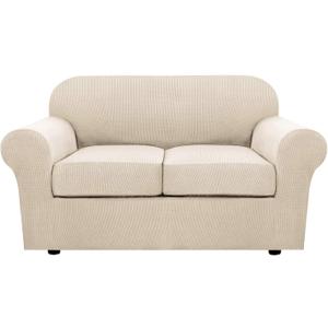 H.VERSAILTEX 3 Piece Stretch Sofa Covers for 2 Cushion Loveseat Couch Covers for Living Room Sofa Slipcovers (Base Cover Plus 2 Seat Cushion Covers) Thicker Jacquard Fabric(Medium Sofa, Natural)