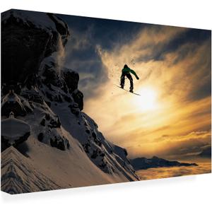 Wrapped Canvas Wall Art - Jakob Sanne 'Sunset Snowboarding' Wall Art for Living Room, Bedroom, or Office Décor - 22x32