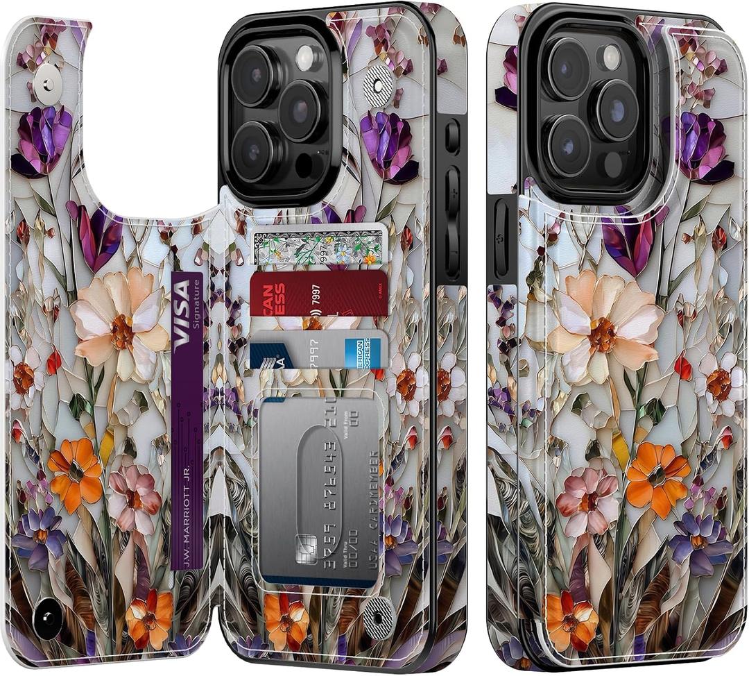 Goodon for iPhone 15 Pro Max Wallet Case with Card Holder,RFID-Blocking,Aesthetic Vintage Floral Girly Shell,Trendy Unique Cool Retro Protective Phone Cover for Women Girls - Marble Pressed Flowers
