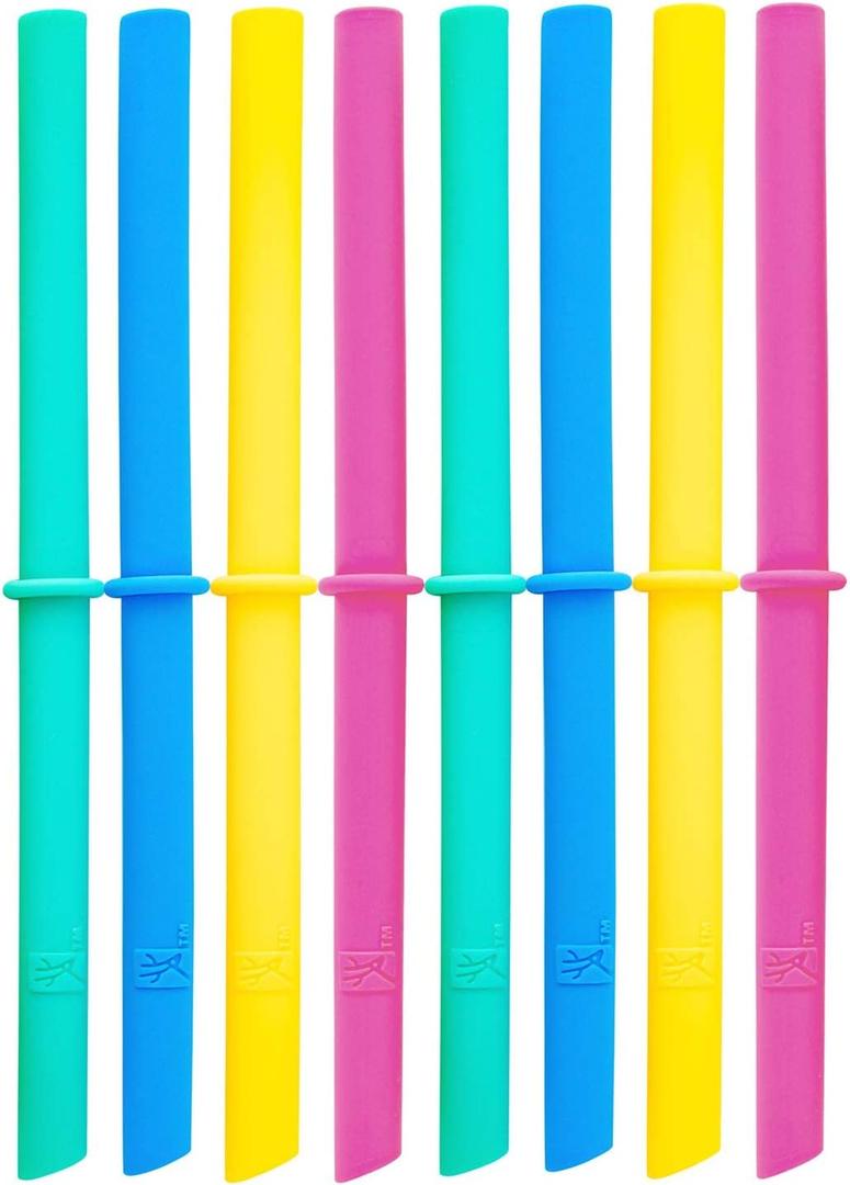 Elk and Friends Adult & Kid's Reusable Silicone Straws with Stopper for 8oz & 10oz Mason Jars or Tumblers, Pack of 8 Colorful Straws 6.3"