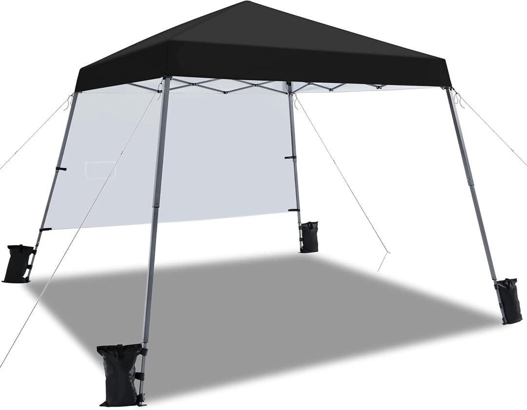 Yaheetech Pop Up Canopy Tent with Backpack, 10x10 Base Portable Easy One Person Setup Folding Shelter Compact Lightweight Slant Leg Canopy with 1 Sidewall, 8x8 Top, Black (1010FT)
