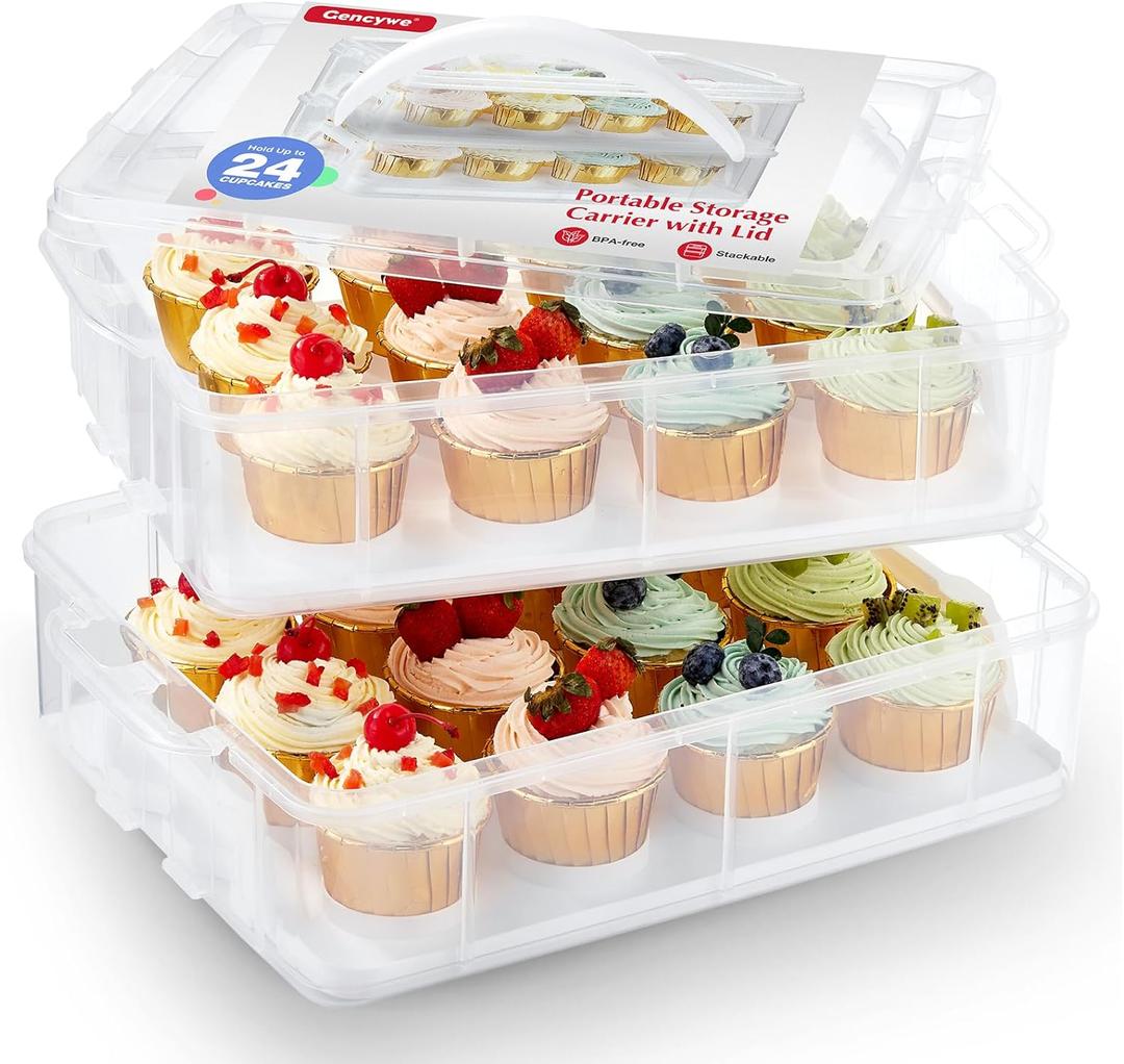 Gencywe Plastic Cupcake Carrier 24 Count, 2Layer Cupcake Holder Carries with Lid & Handles, Cookie, Cake, Cupcake and Brownie Storage Carrier, Reusable Cupcake Box