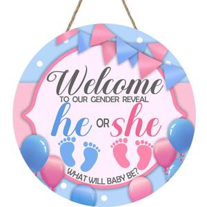 Gender Reveal He or She Front Door Sign, Newborn Boy Girl Wood Hanger Home Decor Gifts for New Dad Mom, Pregnancy Announcement Baby Shower Wooden Wreath Indoor Wall Hanging Decoration