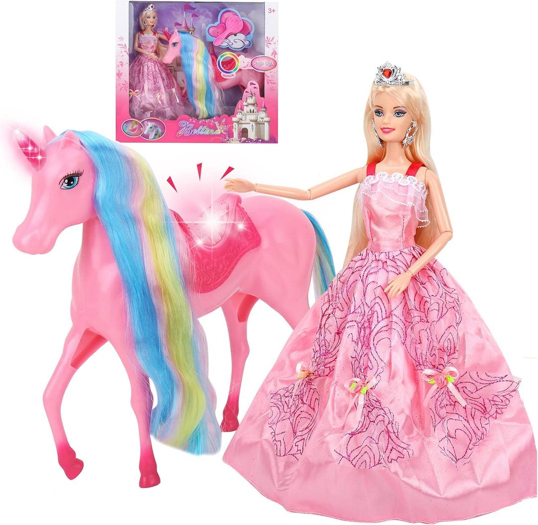 BETTINA Unicorn Princess Dolls Set, Magical Light Unicorn Toys for Girls, Horse Toys with Mane and Tail, Princess Toy, Unicorn Gifts for Girls Kids Aged 3 4 5 6 7 8