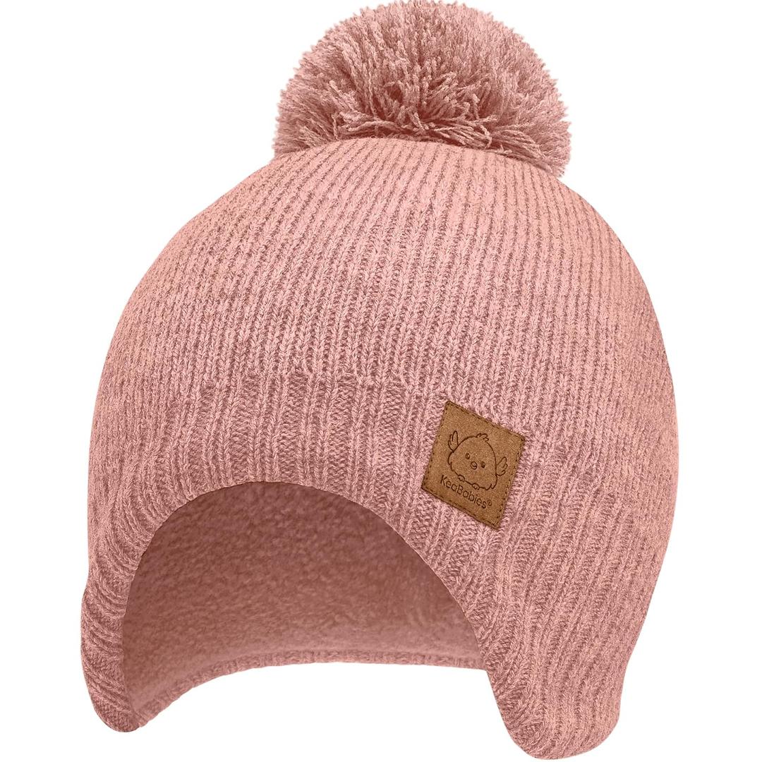 Baby Beanie Winter Hat 6-36 Months - Cute Pom Winter Baby Hats with Earflaps, Soft & Stretchy Knit Toddler Beanies for Infant, Newborn 6-36 Months Boys, Girls, Cozy, Warm Fall Essentials (Tea Rose, M)