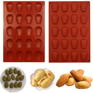20 Cavity Madeleine Pan, 2Pcs Nonstick Silicone Madeleine Molds, Shell Shape Baking Cake Mold Pan (Brick Red)