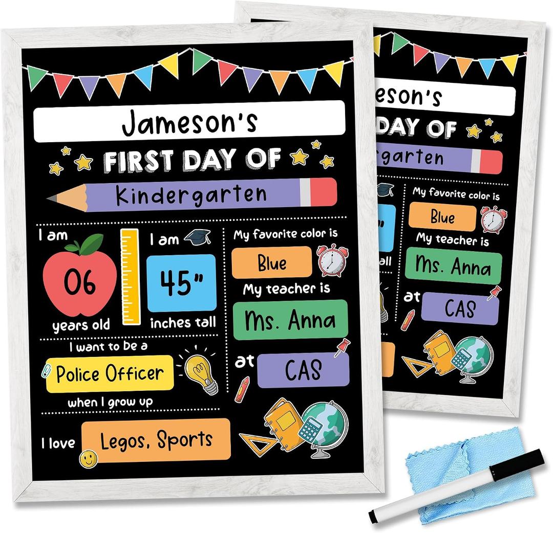 3 x DUNKMATE First Day of School Board Sign with Frame, Liquid Chalk Marker and Wipe Cloth - 14”x11” Double-Sided & Reusable Chalkboard - Back to School Wooden Board for Kindergarten Preschool