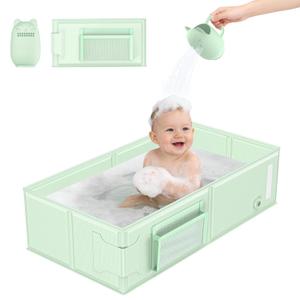 Baby Bathtub, Collapsible & Portable Bathtub with Cat-Patterned Bath Rinse Cup,Foldable Bath Tub for Small Bathroom,Toddler Tub for 6M-5Y,Baby Travel Essentials for Hotel,Camping & Beach (Green)