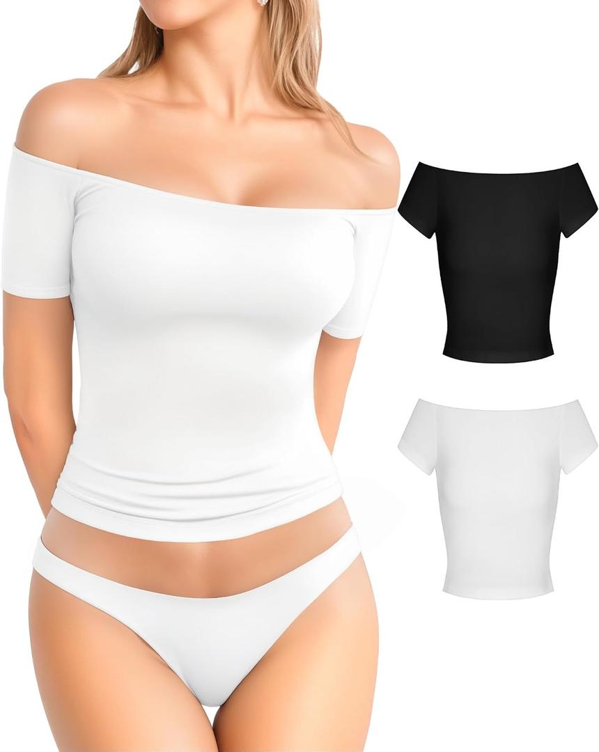 MANGOPOP Off The Shoulder Tops for Women Sexy Short Sleeve T Shirt Tops Slim Fitted Medium