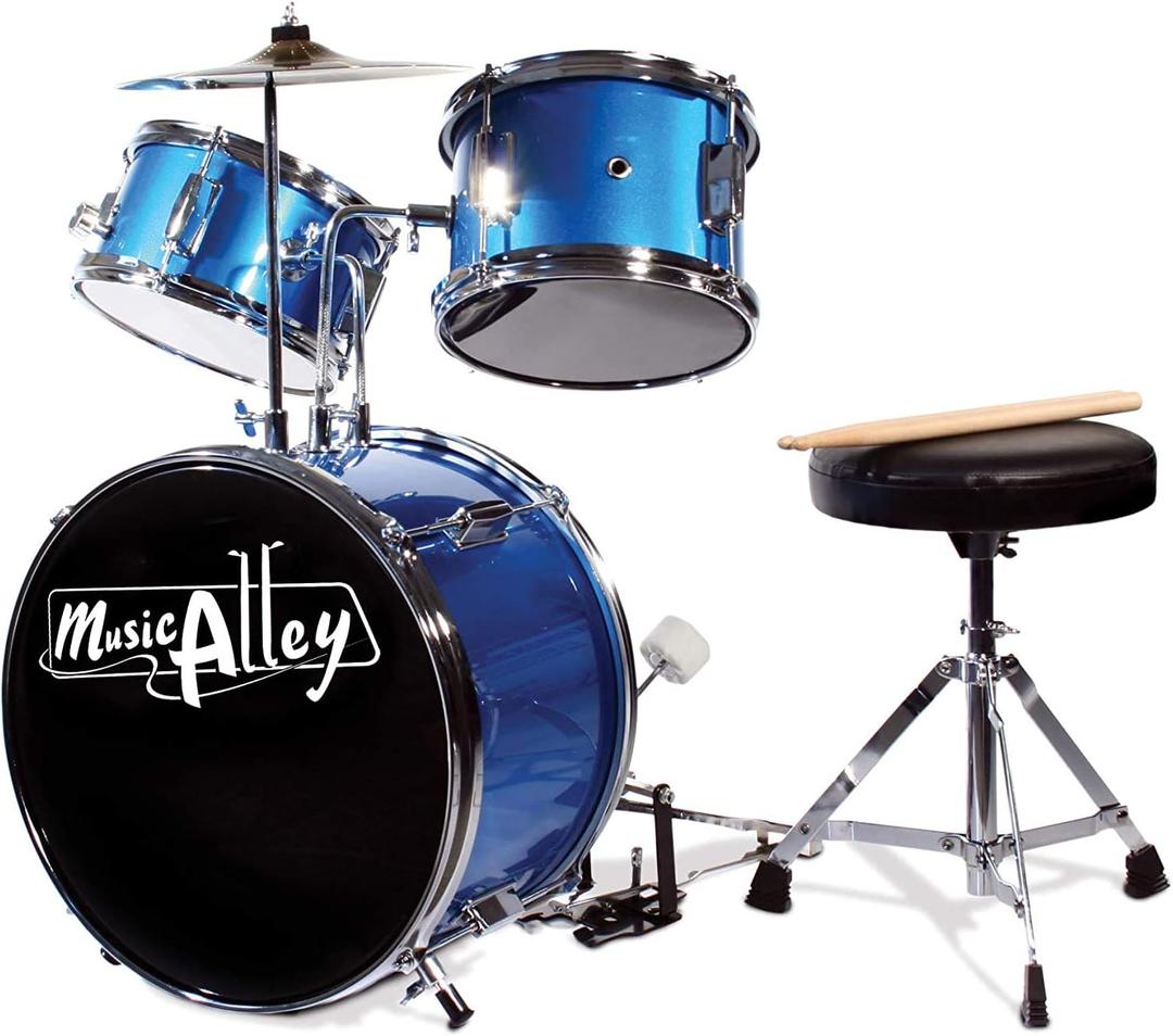 Music Alley 3 Piece Kids Drum Set with Drum Sticks & Drum Throne Seat (Metallic Blue)