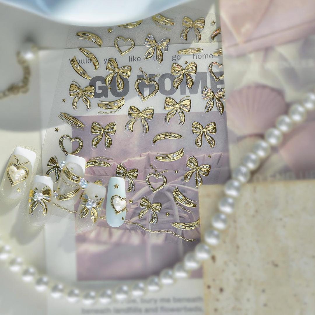 Gold Nail Art Stickers 5D Embossed Nail Art Decals Self-Adhesive Bow Heart Nail Stickers Manicure Supplies Decorations for Women(1 Sheet)
