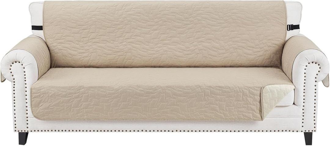 CUCRAF Non Slip Quilted Sofa Cover, Water Resistant Slipcover Furniture Protector for 3 Cushion Sofa Pet Friendly, Washable Couch Cover with Adjustable Elastic Straps (Large, Beige)