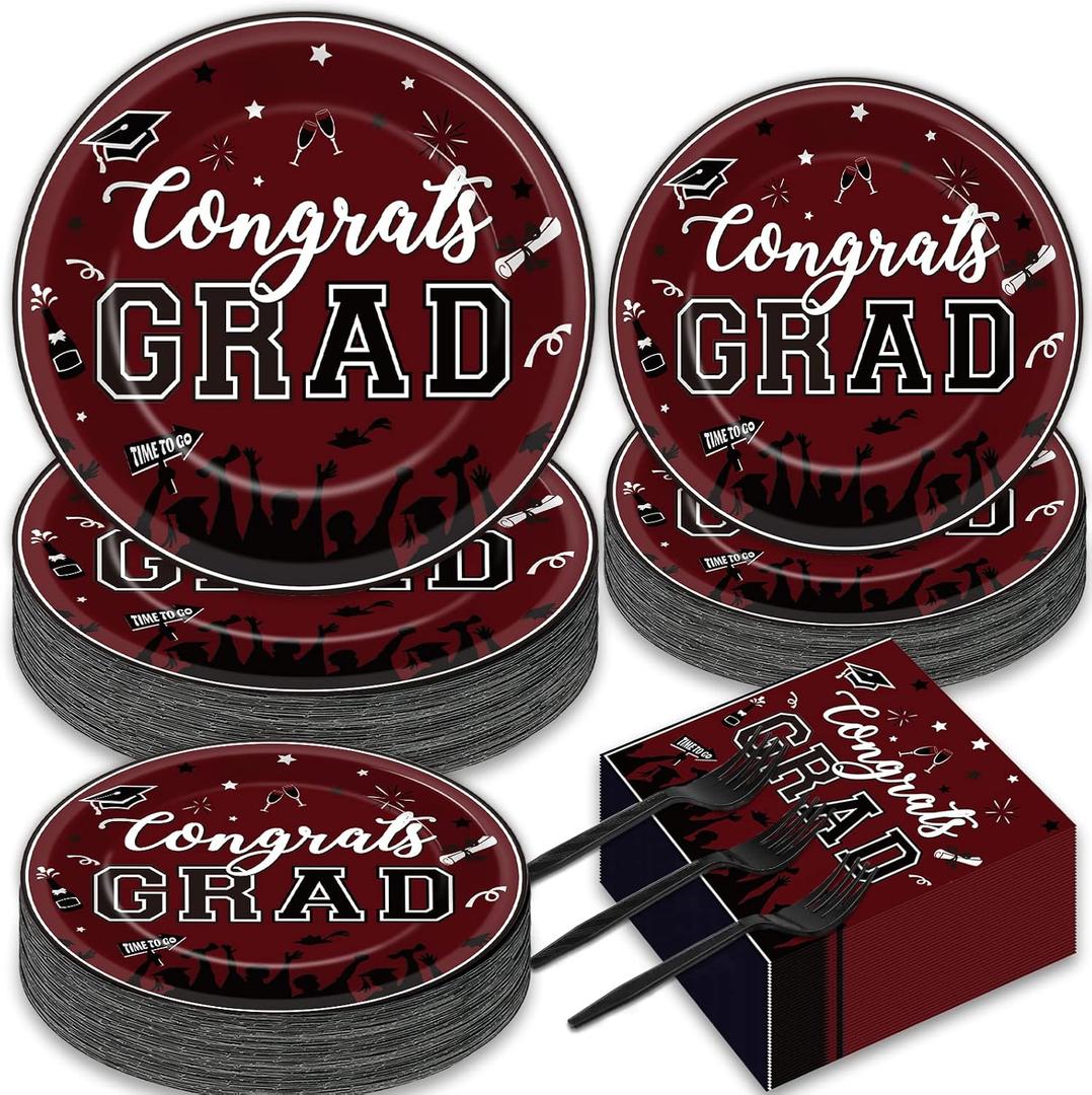 gisgfim 50 Guests Graduation Party Plates Napkins Maroon 2026 Congrats Grad Tableware Set Class of 2026 Party Supplies Disposable Plates Napkins Forks for Grad Party Decorations