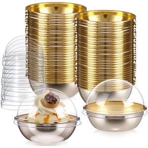 Potchen 100 Pcs Mini Cupcake Boxes Containers with Lids Brownie Cupcakes Mini Cake Containers with Clear Dome Lids for Desserts Cupcake Pans Cheesecake Cake Wedding Birthday Party Buffet, Gold