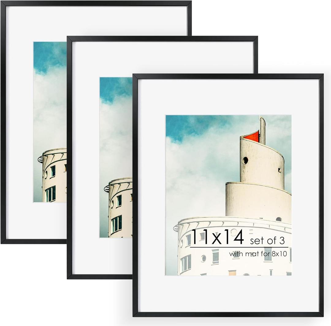 11x14 Picture Frame -11x14 Metal Picture Frame With Mat For 8x10 | 14x11 Frame Aluminum | Plexiglass And Hanging Hardware Included | 11 by 14 Poster Frame, Set of 3, Black (11''x14''-3P Plexiglass)